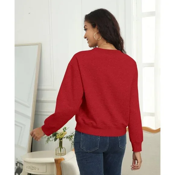Women V Neck Long Sleeve Fleece-Lined Cropped Sweatshirt Casual Warm Top